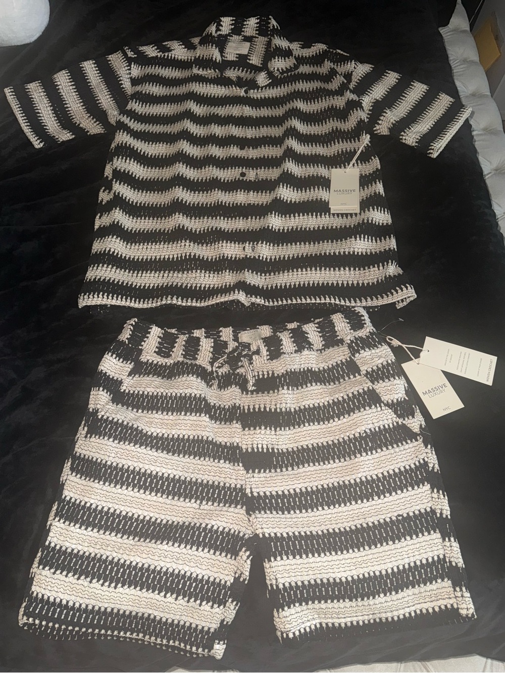 Male Black & Cream Striped Knit Short Set